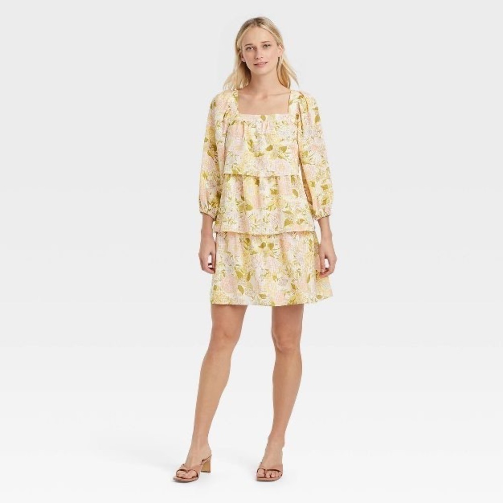 Who What Wear Dress  Ruffle Mini Bishop Sleeve Tiered Yellow Floral Sz S